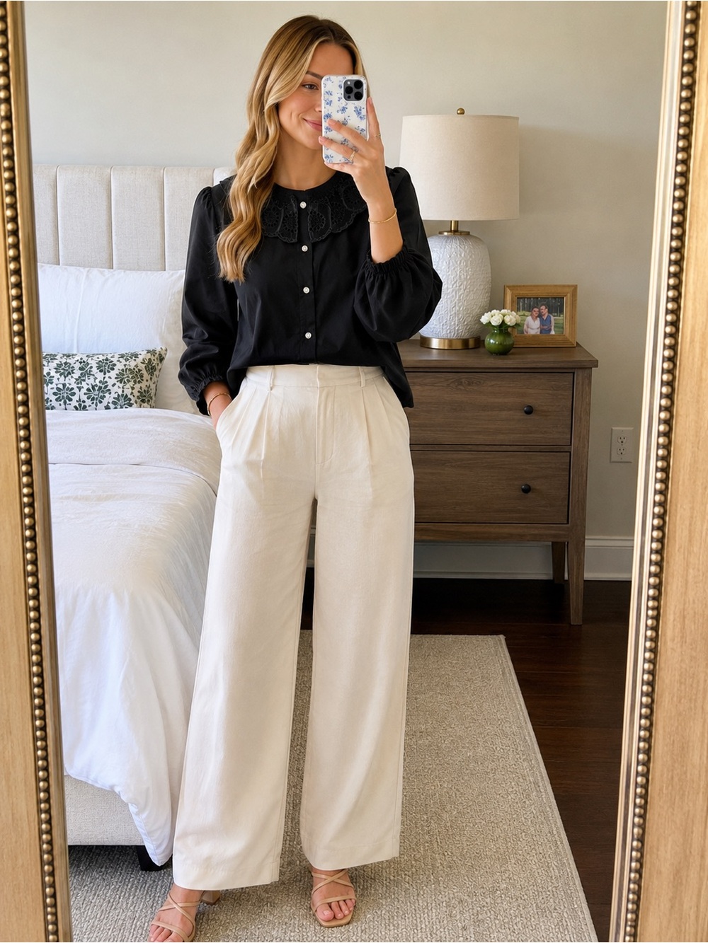 NWT Zara Black Button-Down Blouse with Embroidered Peter Pan Collar